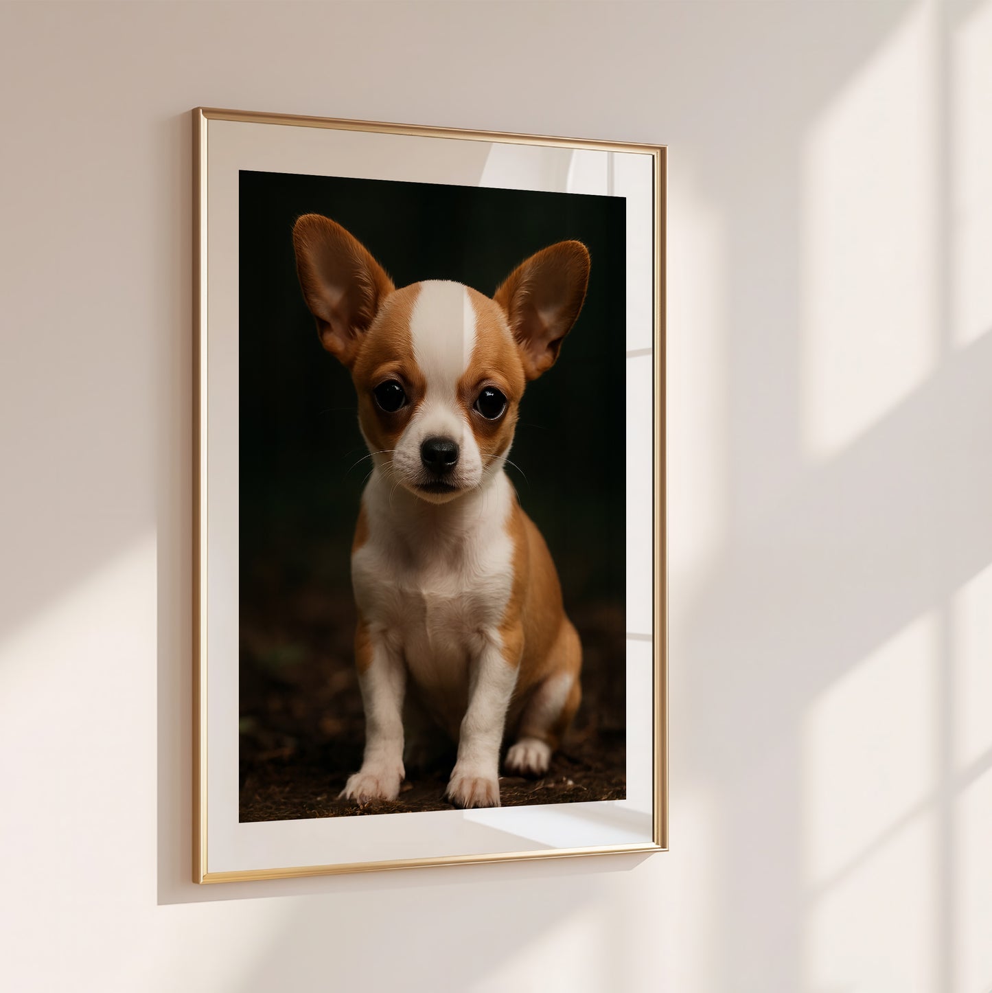 Adorable baby chihuahua poster printed on premium semi-glossy paper, featuring a big-eyed brown puppy with a sweet, gentle expression. Available in sizes from A4 to A0 and 30×40 to 50×70 cm – fits standard IKEA frames. Perfect for dog-themed nurseries, kids' rooms, or as a thoughtful gift for pet lovers. High-quality, FSC-certified print with vibrant colors and soft texture. Be proud. Be kind. Be wild – by Dezinbazar.
