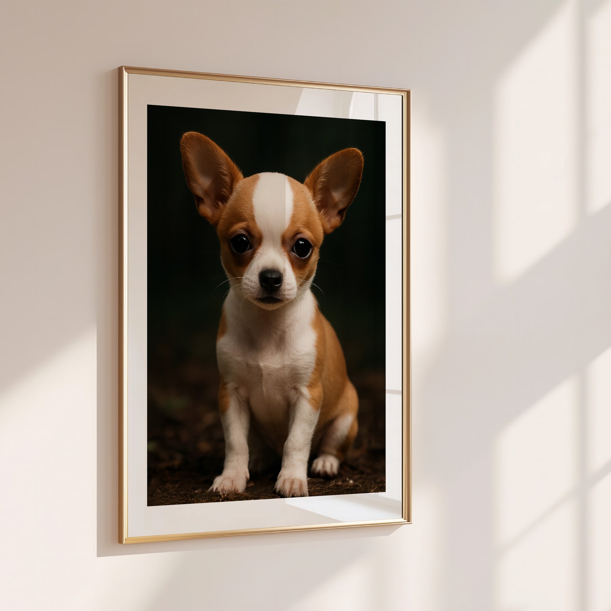 Adorable baby chihuahua poster printed on premium semi-glossy paper, featuring a big-eyed brown puppy with a sweet, gentle expression. Available in sizes from A4 to A0 and 30×40 to 50×70 cm – fits standard IKEA frames. Perfect for dog-themed nurseries, kids' rooms, or as a thoughtful gift for pet lovers. High-quality, FSC-certified print with vibrant colors and soft texture. Be proud. Be kind. Be wild – by Dezinbazar.