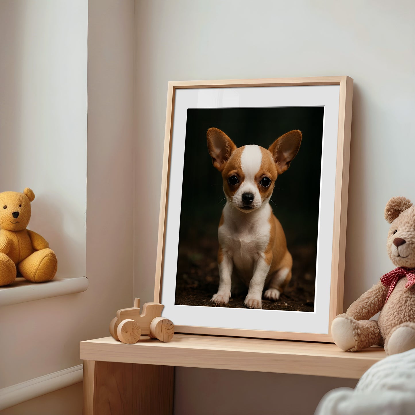 Adorable baby chihuahua poster printed on premium semi-glossy paper, featuring a big-eyed brown puppy with a sweet, gentle expression. Available in sizes from A4 to A0 and 30×40 to 50×70 cm – fits standard IKEA frames. Perfect for dog-themed nurseries, kids' rooms, or as a thoughtful gift for pet lovers. High-quality, FSC-certified print with vibrant colors and soft texture. Be proud. Be kind. Be wild – by Dezinbazar.
