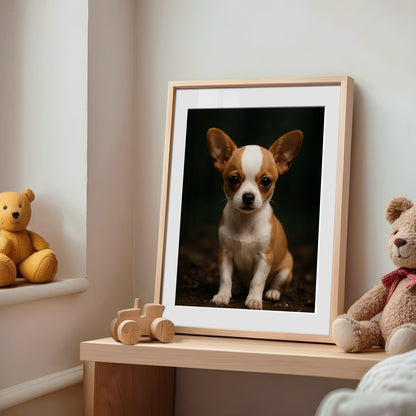 Adorable baby chihuahua poster printed on premium semi-glossy paper, featuring a big-eyed brown puppy with a sweet, gentle expression. Available in sizes from A4 to A0 and 30×40 to 50×70 cm – fits standard IKEA frames. Perfect for dog-themed nurseries, kids' rooms, or as a thoughtful gift for pet lovers. High-quality, FSC-certified print with vibrant colors and soft texture. Be proud. Be kind. Be wild – by Dezinbazar.