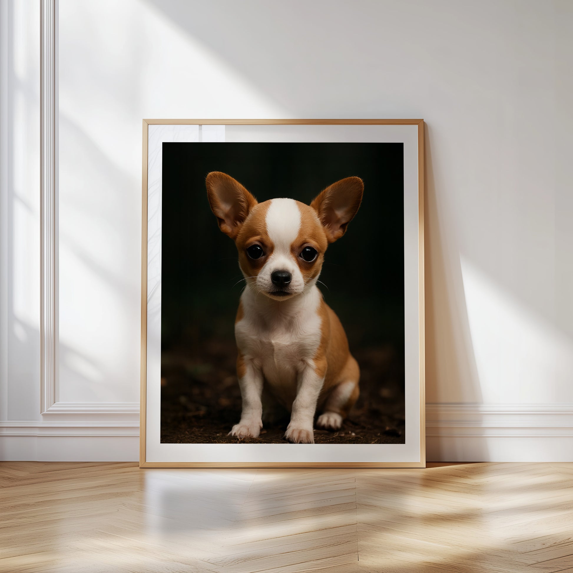 Adorable baby chihuahua poster printed on premium semi-glossy paper, featuring a big-eyed brown puppy with a sweet, gentle expression. Available in sizes from A4 to A0 and 30×40 to 50×70 cm – fits standard IKEA frames. Perfect for dog-themed nurseries, kids' rooms, or as a thoughtful gift for pet lovers. High-quality, FSC-certified print with vibrant colors and soft texture. Be proud. Be kind. Be wild – by Dezinbazar.