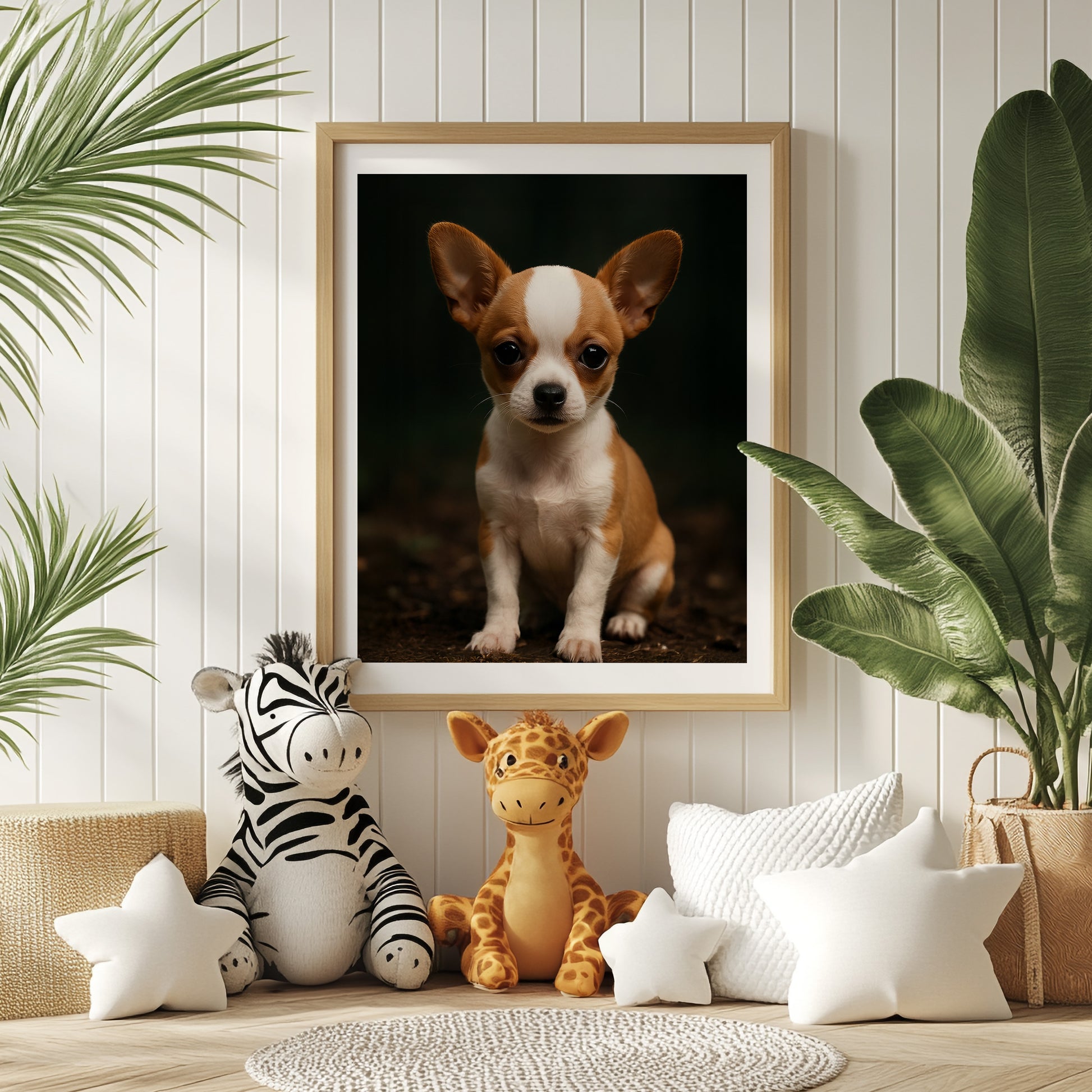 Adorable baby chihuahua poster printed on premium semi-glossy paper, featuring a big-eyed brown puppy with a sweet, gentle expression. Available in sizes from A4 to A0 and 30×40 to 50×70 cm – fits standard IKEA frames. Perfect for dog-themed nurseries, kids' rooms, or as a thoughtful gift for pet lovers. High-quality, FSC-certified print with vibrant colors and soft texture. Be proud. Be kind. Be wild – by Dezinbazar.