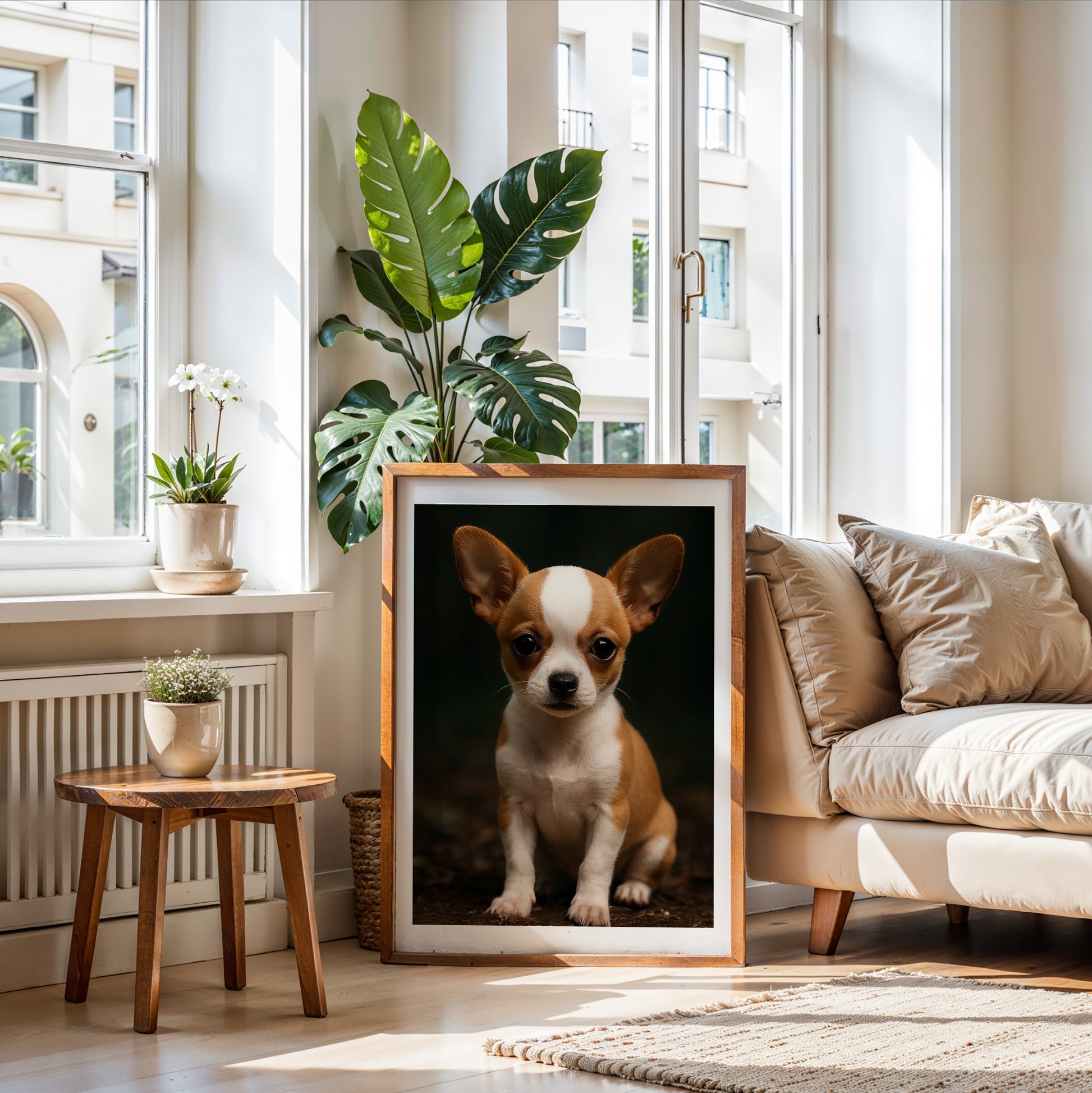 Adorable baby chihuahua poster printed on premium semi-glossy paper, featuring a big-eyed brown puppy with a sweet, gentle expression. Available in sizes from A4 to A0 and 30×40 to 50×70 cm – fits standard IKEA frames. Perfect for dog-themed nurseries, kids' rooms, or as a thoughtful gift for pet lovers. High-quality, FSC-certified print with vibrant colors and soft texture. Be proud. Be kind. Be wild – by Dezinbazar.