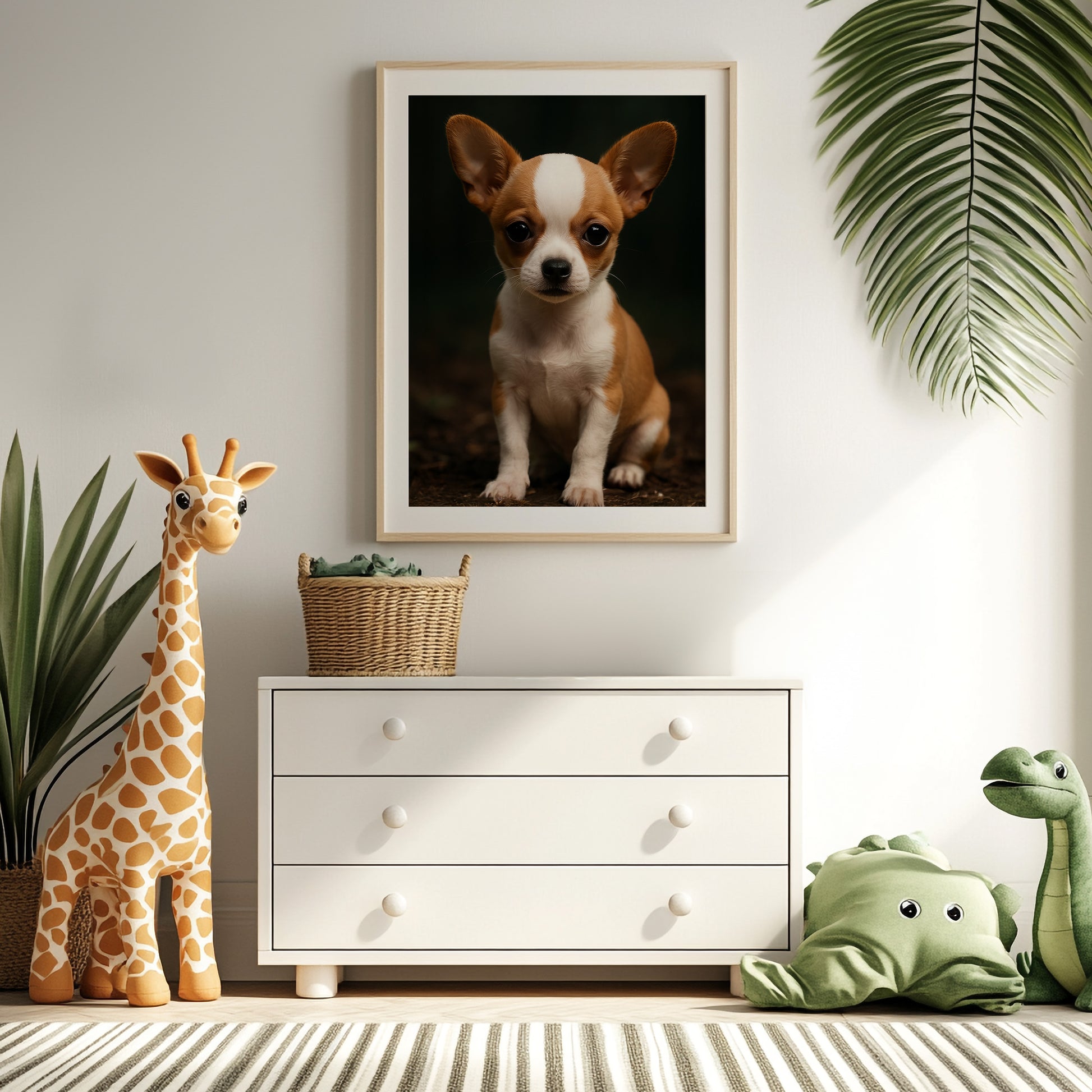 Adorable baby chihuahua poster printed on premium semi-glossy paper, featuring a big-eyed brown puppy with a sweet, gentle expression. Available in sizes from A4 to A0 and 30×40 to 50×70 cm – fits standard IKEA frames. Perfect for dog-themed nurseries, kids' rooms, or as a thoughtful gift for pet lovers. High-quality, FSC-certified print with vibrant colors and soft texture. Be proud. Be kind. Be wild – by Dezinbazar.