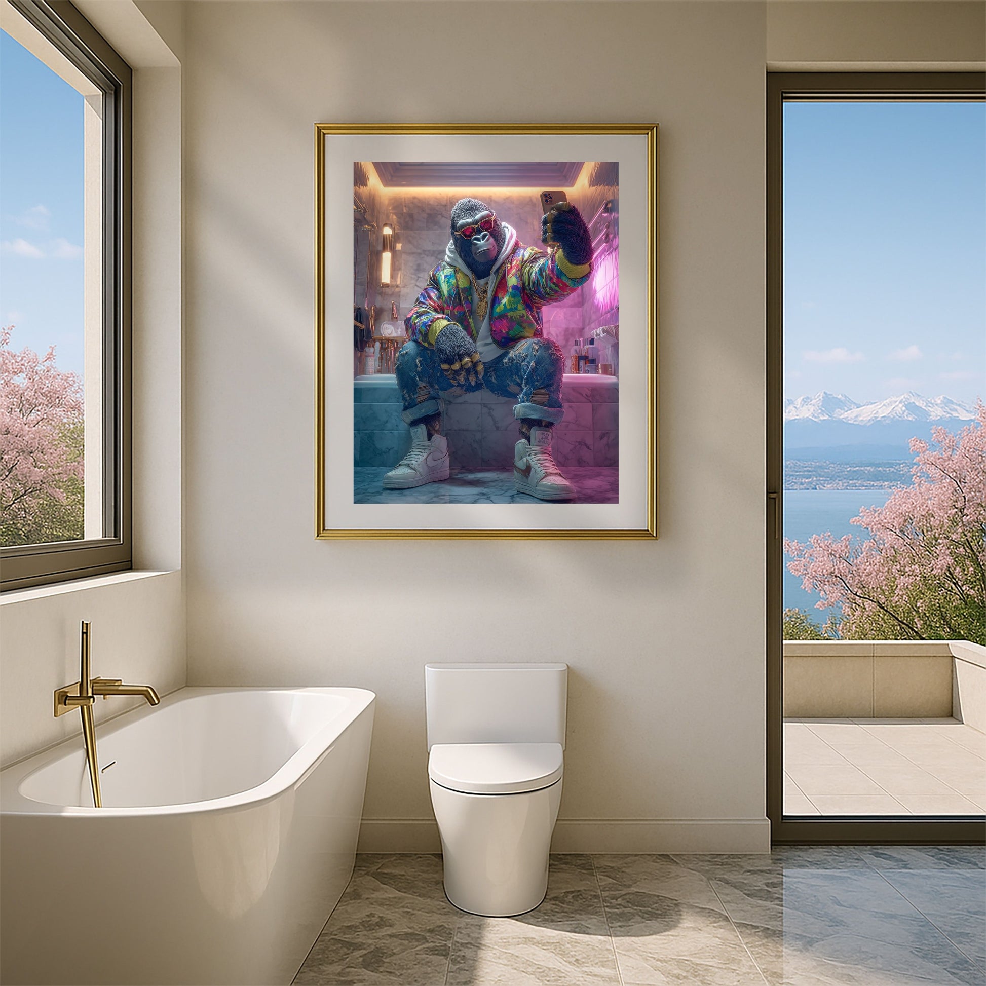 Digital gorilla wall art featuring a stylish anthropomorphic ape taking a selfie in a luxury marble bathroom. Wearing colorful streetwear jacket, hoodie, ripped jeans, gold chains, and sneakers. Perfect printable for bathroom, modern interiors, or urban-inspired spaces. High-resolution instant download, includes multiple sizes for easy printing and framing. Be proud. Be kind. Be wild – by Dezinbazar.