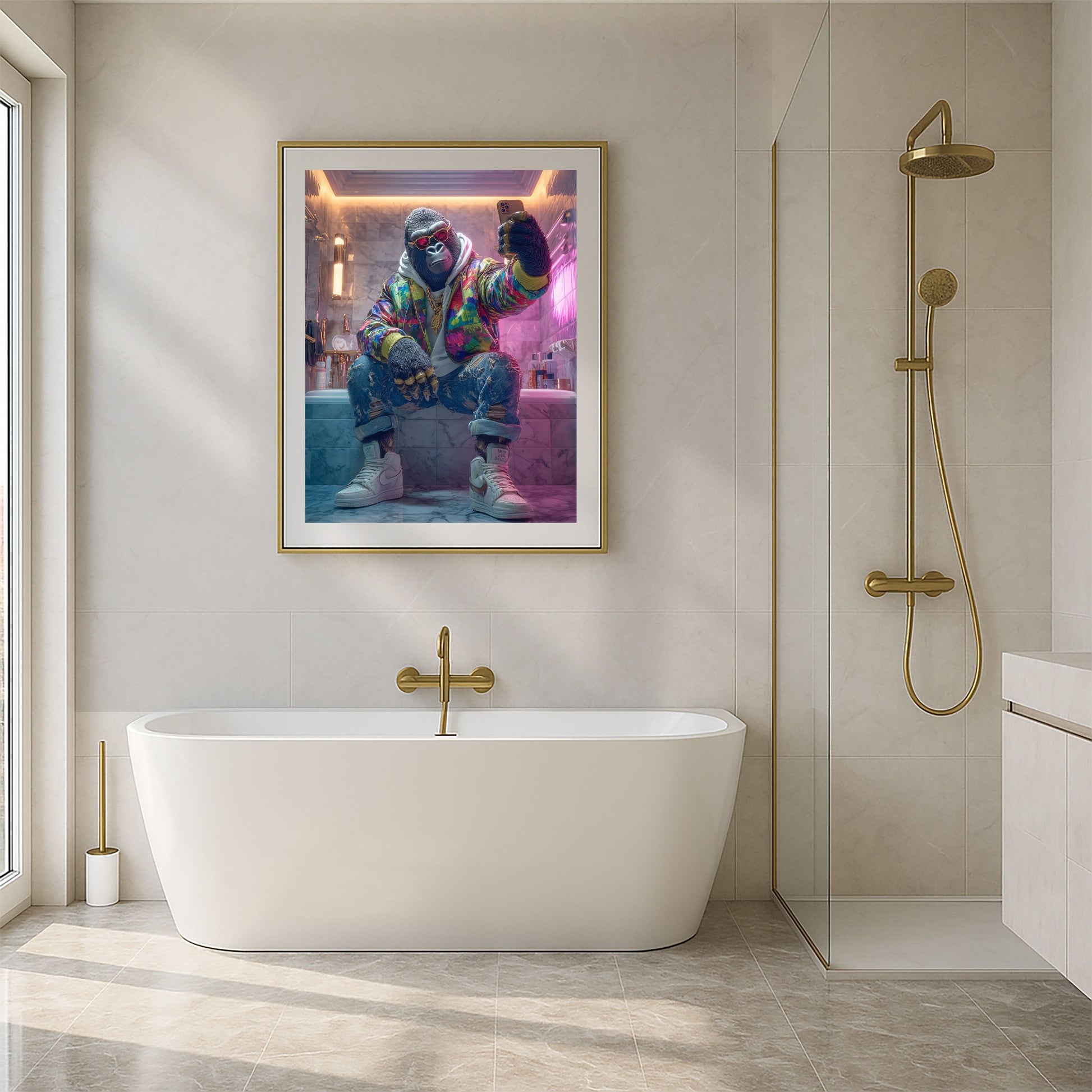 Digital gorilla wall art featuring a stylish anthropomorphic ape taking a selfie in a luxury marble bathroom. Wearing colorful streetwear jacket, hoodie, ripped jeans, gold chains, and sneakers. Perfect printable for bathroom, modern interiors, or urban-inspired spaces. High-resolution instant download, includes multiple sizes for easy printing and framing. Be proud. Be kind. Be wild – by Dezinbazar.