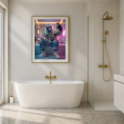 Digital gorilla wall art featuring a stylish anthropomorphic ape taking a selfie in a luxury marble bathroom. Wearing colorful streetwear jacket, hoodie, ripped jeans, gold chains, and sneakers. Perfect printable for bathroom, modern interiors, or urban-inspired spaces. High-resolution instant download, includes multiple sizes for easy printing and framing. Be proud. Be kind. Be wild – by Dezinbazar.
