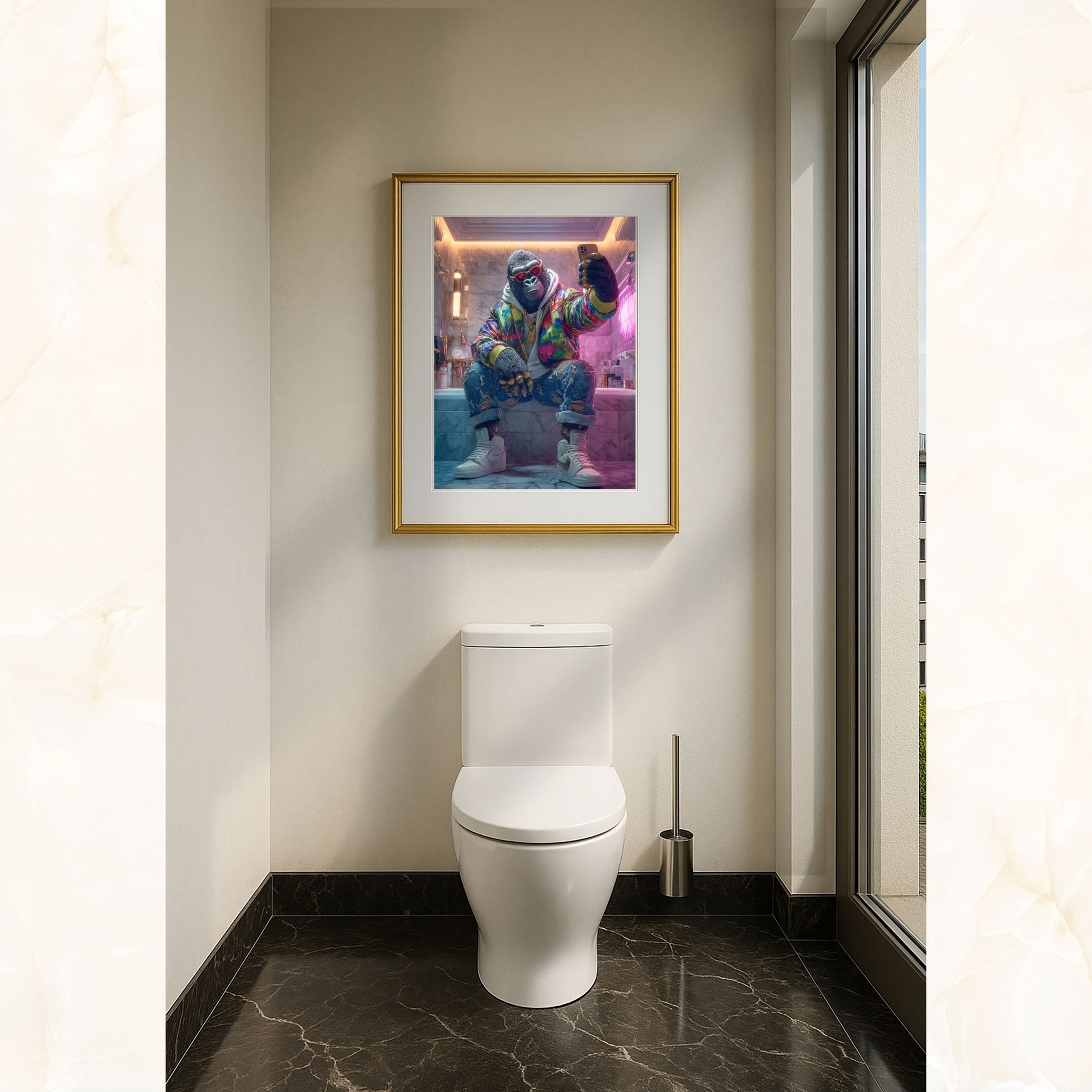 Digital gorilla wall art featuring a stylish anthropomorphic ape taking a selfie in a luxury marble bathroom. Wearing colorful streetwear jacket, hoodie, ripped jeans, gold chains, and sneakers. Perfect printable for bathroom, modern interiors, or urban-inspired spaces. High-resolution instant download, includes multiple sizes for easy printing and framing. Be proud. Be kind. Be wild – by Dezinbazar.