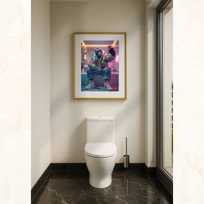 Digital gorilla wall art featuring a stylish anthropomorphic ape taking a selfie in a luxury marble bathroom. Wearing colorful streetwear jacket, hoodie, ripped jeans, gold chains, and sneakers. Perfect printable for bathroom, modern interiors, or urban-inspired spaces. High-resolution instant download, includes multiple sizes for easy printing and framing. Be proud. Be kind. Be wild – by Dezinbazar.
