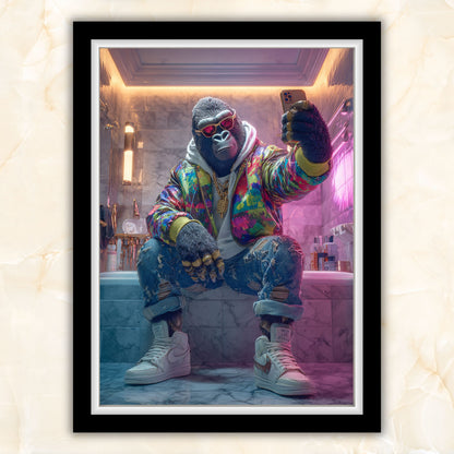 Digital gorilla wall art featuring a stylish anthropomorphic ape taking a selfie in a luxury marble bathroom. Wearing colorful streetwear jacket, hoodie, ripped jeans, gold chains, and sneakers. Perfect printable for bathroom, modern interiors, or urban-inspired spaces. High-resolution instant download, includes multiple sizes for easy printing and framing. Be proud. Be kind. Be wild – by Dezinbazar.