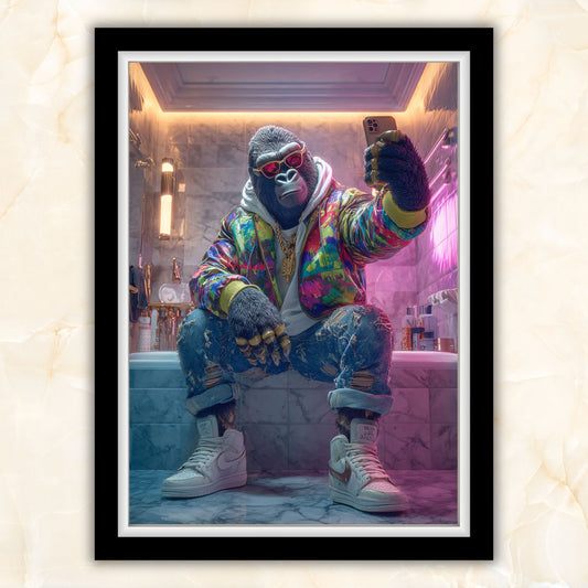 Digital gorilla wall art featuring a stylish anthropomorphic ape taking a selfie in a luxury marble bathroom. Wearing colorful streetwear jacket, hoodie, ripped jeans, gold chains, and sneakers. Perfect printable for bathroom, modern interiors, or urban-inspired spaces. High-resolution instant download, includes multiple sizes for easy printing and framing. Be proud. Be kind. Be wild – by Dezinbazar.