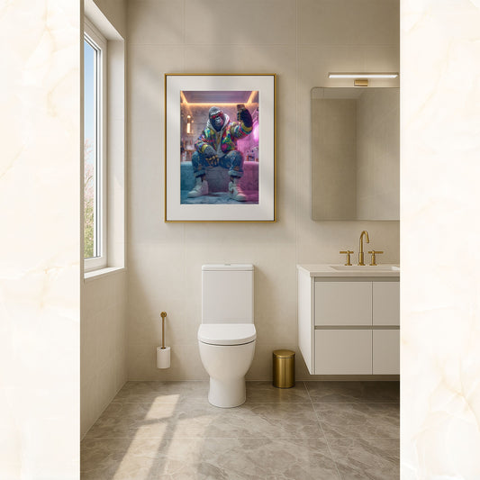 Digital gorilla wall art featuring a stylish anthropomorphic ape taking a selfie in a luxury marble bathroom. Wearing colorful streetwear jacket, hoodie, ripped jeans, gold chains, and sneakers. Perfect printable for bathroom, modern interiors, or urban-inspired spaces. High-resolution instant download, includes multiple sizes for easy printing and framing. Be proud. Be kind. Be wild – by Dezinbazar.