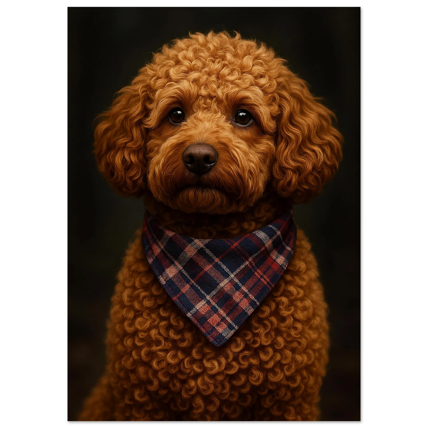 Curly brown baby poodle with a plaid bandana – printed on 200 gsm semi-glossy FSC-certified paper. This dog-themed wall art is ideal for pet lovers, dog moms, or cozy home decor. Available in DIN and standard sizes. Fits IKEA frames. Be proud. Be kind. Be wild – by Dezinbazar.