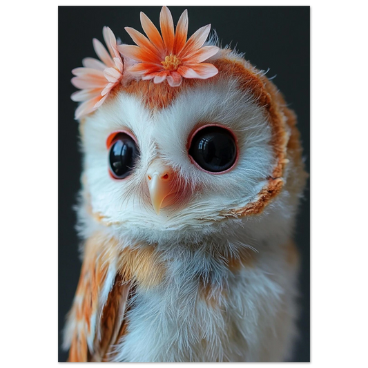 Cute baby barn owl poster with floral crown, perfect for woodland nurseries or kids rooms. Printed on 200 gsm semi-glossy FSC-certified premium paper, available in sizes A4–A0, 30×40 cm, 50×70 cm. Eco-friendly, made to order, and a charming gift for owl lovers, baby showers, or woodland-themed rooms. Be proud. Be kind. Be wild – by Dezinbazar.