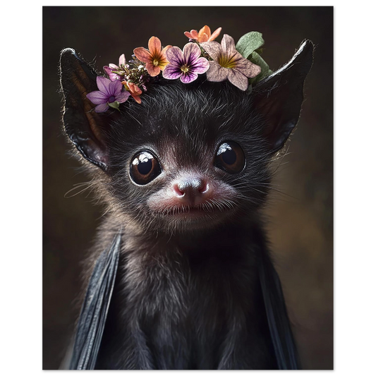 Cute baby bat poster with floral crown, perfect for woodland nurseries or kids rooms. Printed on 200 gsm semi-glossy FSC-certified premium paper, available in sizes A4–A0, 30×40 cm, 50×70 cm. Eco-friendly, made to order, and a charming gift for bat lovers, baby showers, or woodland-themed spaces. Be proud. Be kind. Be wild – by Dezinbazar.