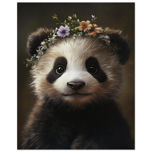 Cute baby panda poster with floral crown, designed for nurseries or kids rooms. Printed on 200 gsm semi-glossy FSC-certified premium paper, available in sizes A4–A0, 30×40 cm, 50×70 cm. Eco-friendly, made to order, and perfect as a gift for panda lovers or nursery decor. Be proud. Be kind. Be wild – by Dezinbazar.