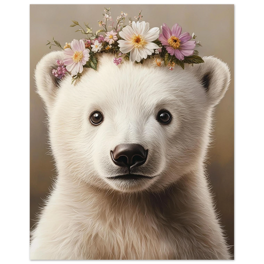 Cute baby polar bear poster with flower crown – printed on 200 gsm semi-glossy FSC-certified paper. This arctic-themed nursery print brings winter calm and sweet charm to baby rooms. Available in sizes A4 to A0 and 30×40 cm to 50×70 cm. Fits standard IKEA frames. A heartfelt gift for animal lovers. Be proud. Be kind. Be wild – by Dezinbazar.