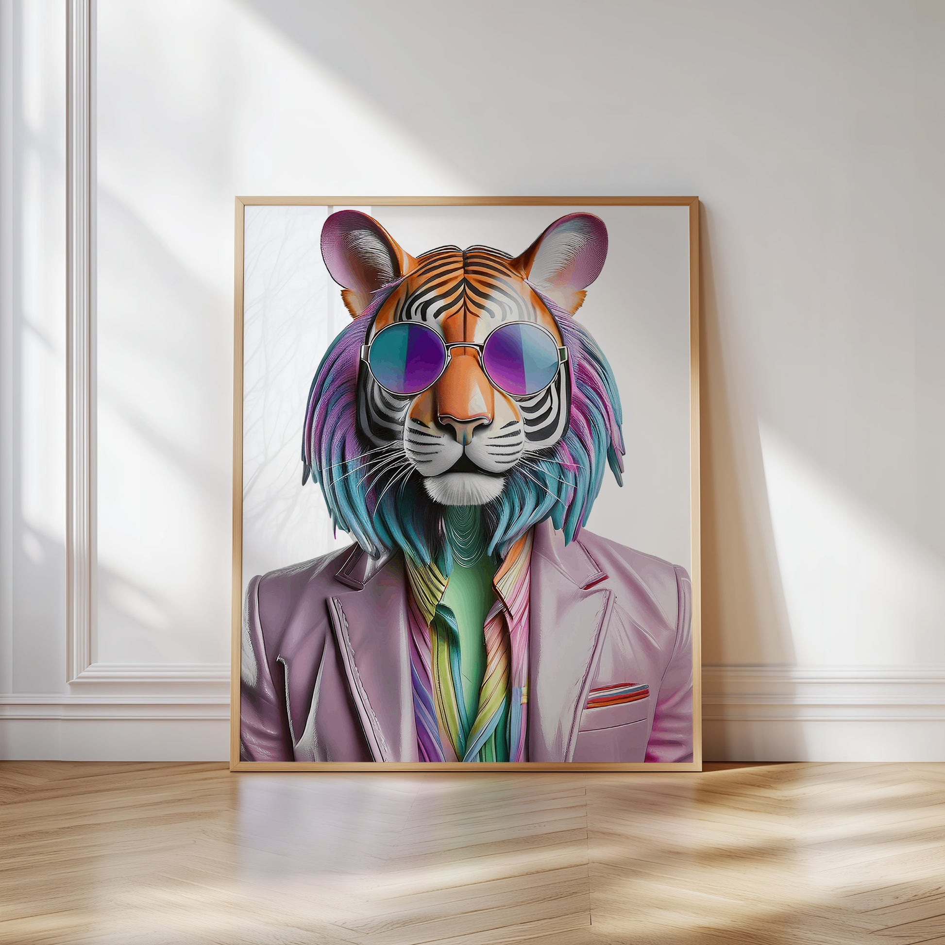Digital artwork of a stylish tiger with rainbow fur, wearing sunglasses in a disco vibe. This LGBTQ+ pride wall print combines queer identity, animal symbolism and eco-conscious values. Ideal for vegan, zero waste or anti-capitalist homes. Instant download high-resolution JPG for printing. Unique and empowering statement poster for colorful and mindful living spaces. A Dezinbazar original.