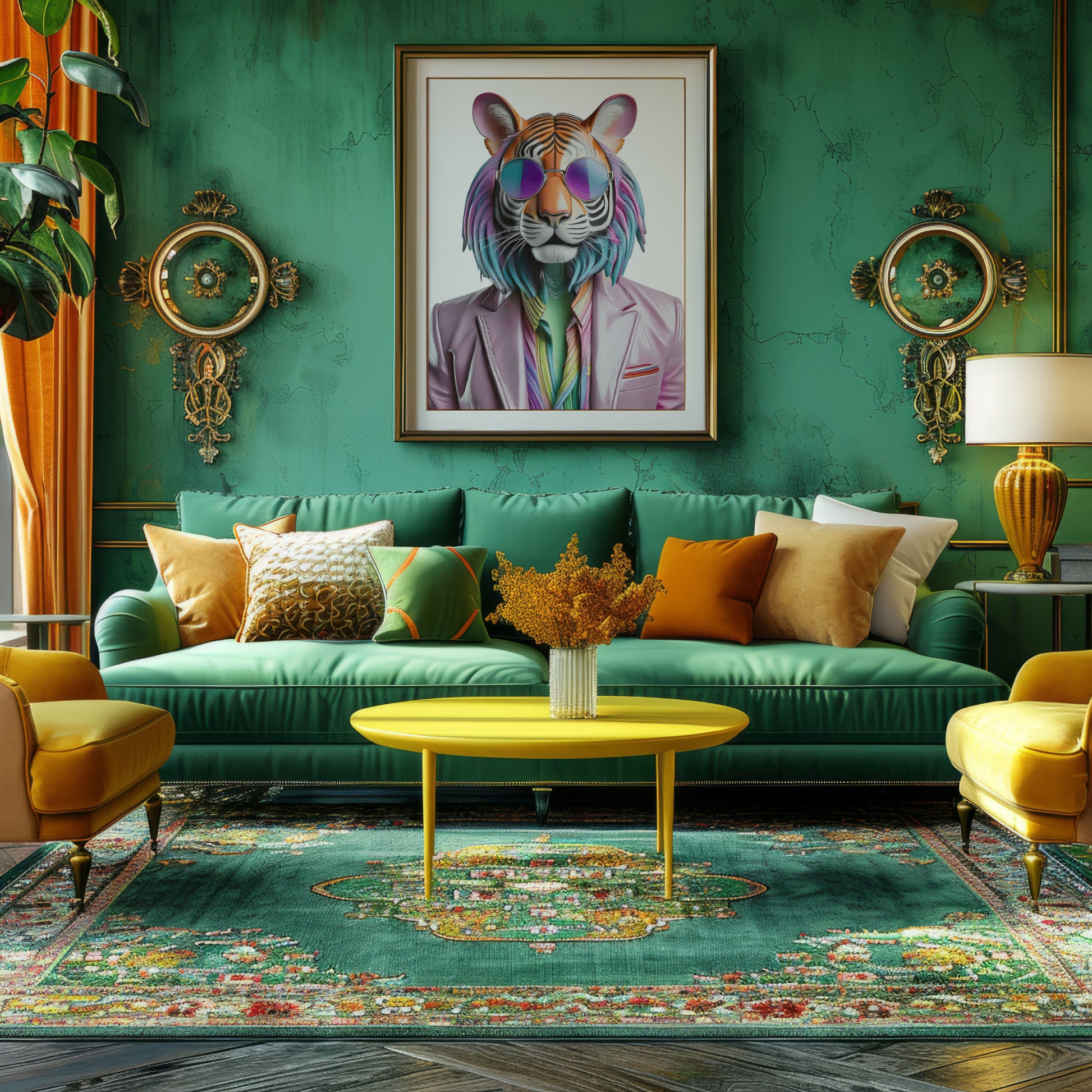 Digital artwork of a stylish tiger with rainbow fur, wearing sunglasses in a disco vibe. This LGBTQ+ pride wall print combines queer identity, animal symbolism and eco-conscious values. Ideal for vegan, zero waste or anti-capitalist homes. Instant download high-resolution JPG for printing. Unique and empowering statement poster for colorful and mindful living spaces. A Dezinbazar original.