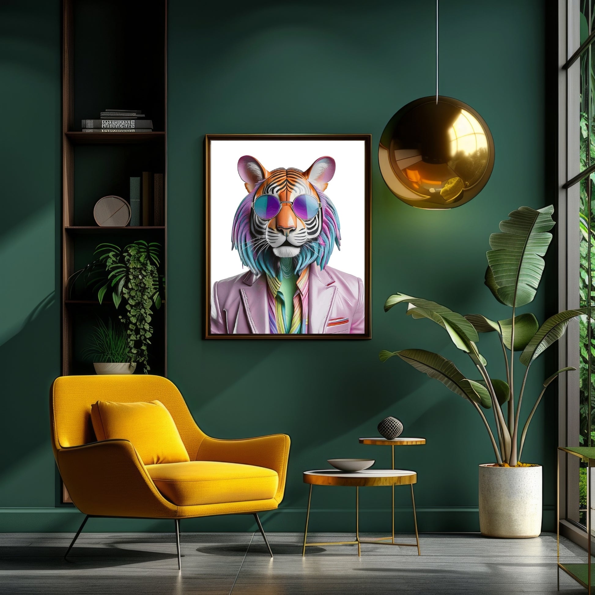 Digital artwork of a stylish tiger with rainbow fur, wearing sunglasses in a disco vibe. This LGBTQ+ pride wall print combines queer identity, animal symbolism and eco-conscious values. Ideal for vegan, zero waste or anti-capitalist homes. Instant download high-resolution JPG for printing. Unique and empowering statement poster for colorful and mindful living spaces. A Dezinbazar original.