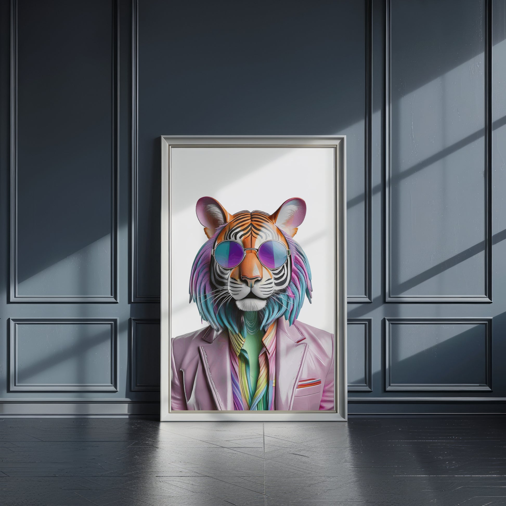 Digital artwork of a stylish tiger with rainbow fur, wearing sunglasses in a disco vibe. This LGBTQ+ pride wall print combines queer identity, animal symbolism and eco-conscious values. Ideal for vegan, zero waste or anti-capitalist homes. Instant download high-resolution JPG for printing. Unique and empowering statement poster for colorful and mindful living spaces. A Dezinbazar original.