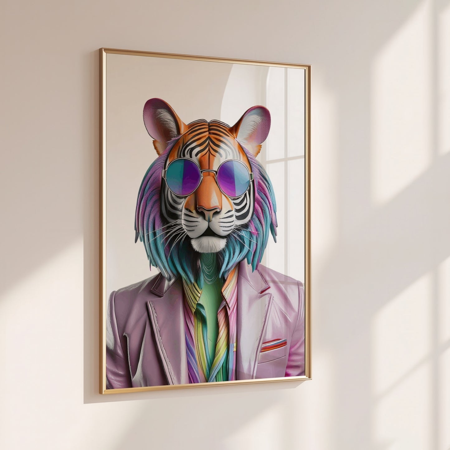 Digital artwork of a stylish tiger with rainbow fur, wearing sunglasses in a disco vibe. This LGBTQ+ pride wall print combines queer identity, animal symbolism and eco-conscious values. Ideal for vegan, zero waste or anti-capitalist homes. Instant download high-resolution JPG for printing. Unique and empowering statement poster for colorful and mindful living spaces. A Dezinbazar original.