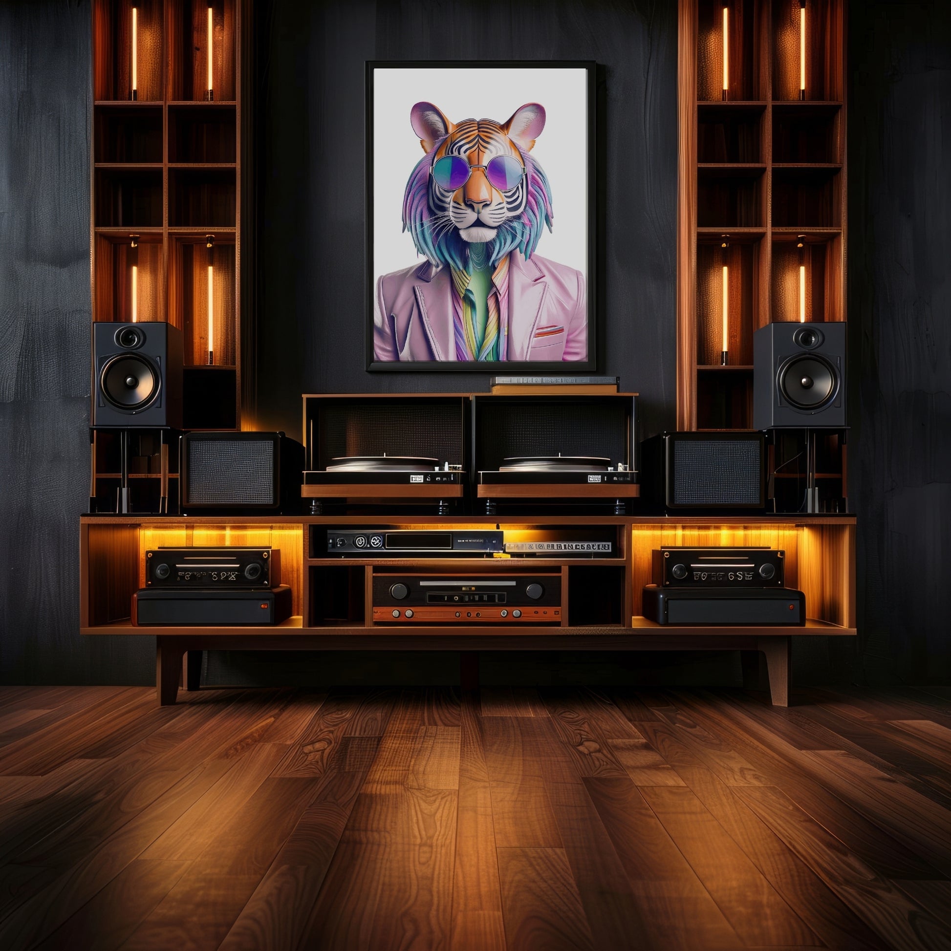 Digital artwork of a stylish tiger with rainbow fur, wearing sunglasses in a disco vibe. This LGBTQ+ pride wall print combines queer identity, animal symbolism and eco-conscious values. Ideal for vegan, zero waste or anti-capitalist homes. Instant download high-resolution JPG for printing. Unique and empowering statement poster for colorful and mindful living spaces. A Dezinbazar original.