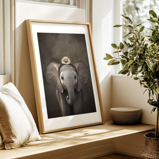 Adorable baby elephant with flower crown – printable jungle nursery wall art for kids room, baby room or safari-themed decor. Includes 4 high-res JPGs. A Dezinbazar original.