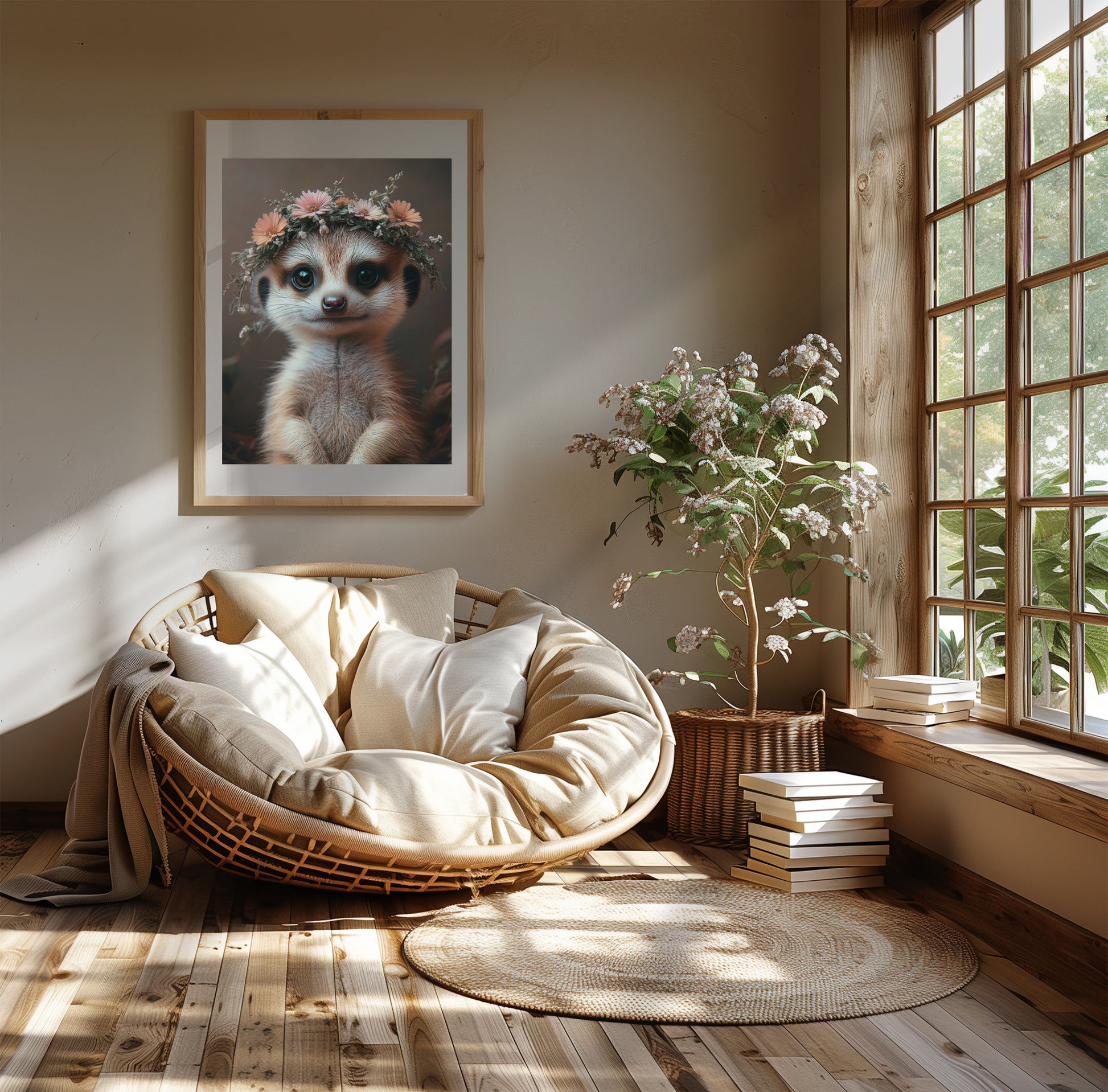 Adorable baby meerkat with flower crown – high-resolution digital art for safari-themed nursery, bathroom or kids’ room. This printable wall art is perfect for nature lovers, expecting moms or baby gift givers. Download includes multiple sizes and formats for easy framing at home. A sweet and charming Dezinbazar illustration that brings warmth and wildlife charm into any space.