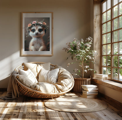 Adorable baby meerkat with flower crown – high-resolution digital art for safari-themed nursery, bathroom or kids’ room. This printable wall art is perfect for nature lovers, expecting moms or baby gift givers. Download includes multiple sizes and formats for easy framing at home. A sweet and charming Dezinbazar illustration that brings warmth and wildlife charm into any space.