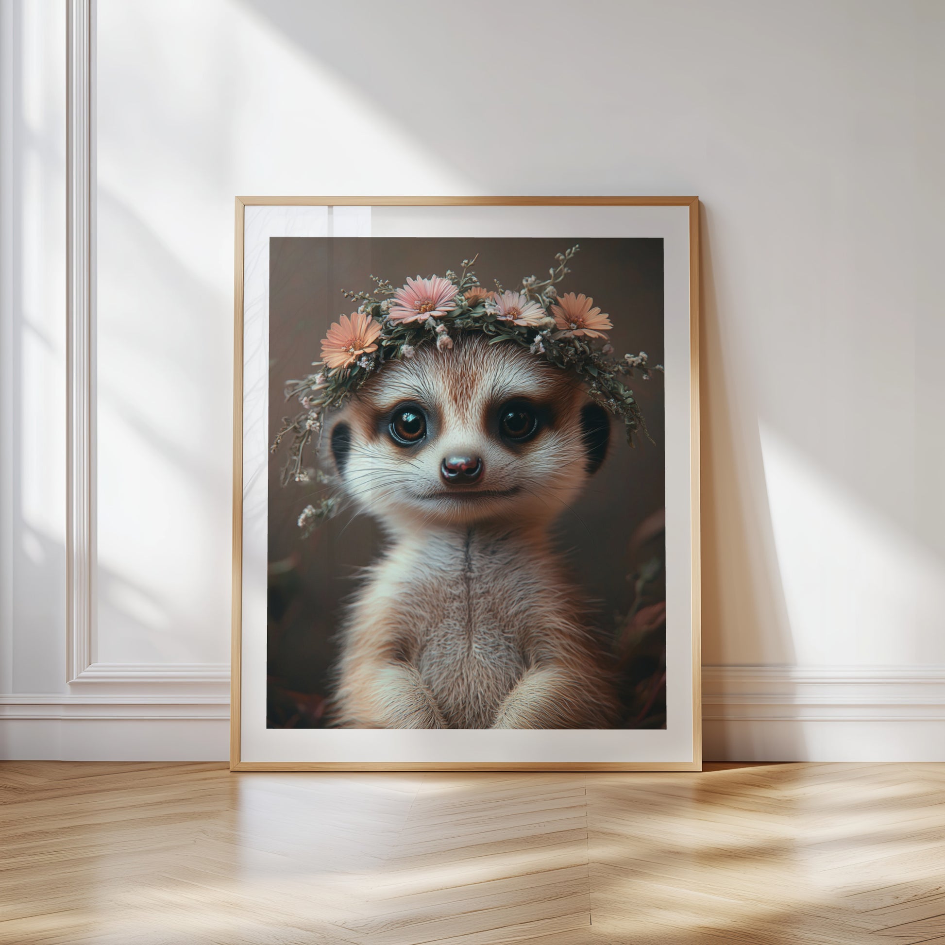 Adorable baby meerkat with flower crown – high-resolution digital art for safari-themed nursery, bathroom or kids’ room. This printable wall art is perfect for nature lovers, expecting moms or baby gift givers. Download includes multiple sizes and formats for easy framing at home. A sweet and charming Dezinbazar illustration that brings warmth and wildlife charm into any space.