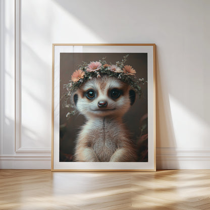 Adorable baby meerkat with flower crown – high-resolution digital art for safari-themed nursery, bathroom or kids’ room. This printable wall art is perfect for nature lovers, expecting moms or baby gift givers. Download includes multiple sizes and formats for easy framing at home. A sweet and charming Dezinbazar illustration that brings warmth and wildlife charm into any space.