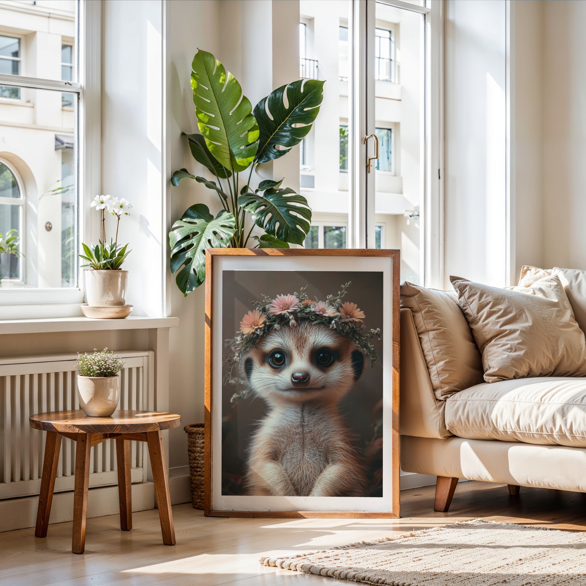 Adorable baby meerkat with flower crown – high-resolution digital art for safari-themed nursery, bathroom or kids’ room. This printable wall art is perfect for nature lovers, expecting moms or baby gift givers. Download includes multiple sizes and formats for easy framing at home. A sweet and charming Dezinbazar illustration that brings warmth and wildlife charm into any space.