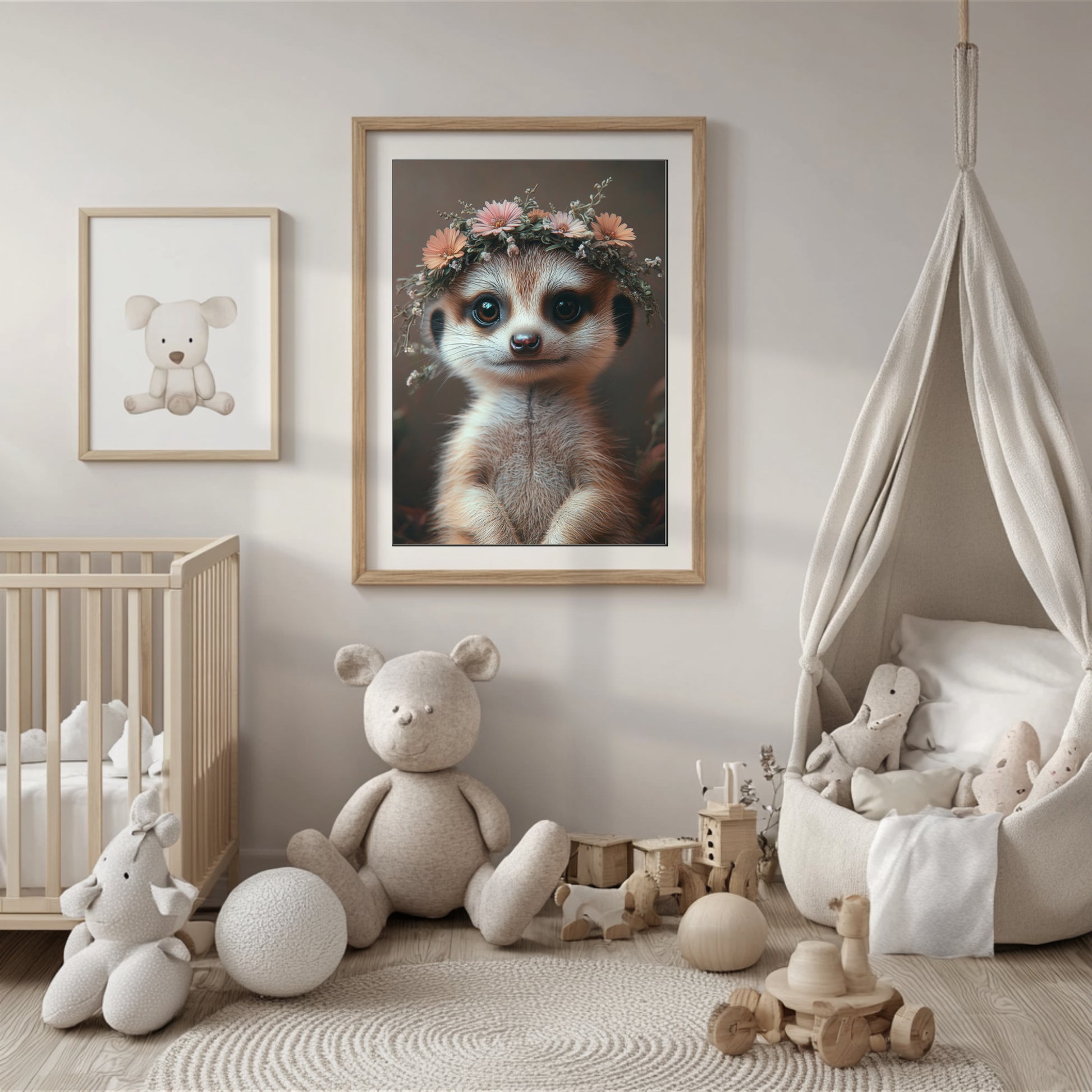 Adorable baby meerkat with flower crown – high-resolution digital art for safari-themed nursery, bathroom or kids’ room. This printable wall art is perfect for nature lovers, expecting moms or baby gift givers. Download includes multiple sizes and formats for easy framing at home. A sweet and charming Dezinbazar illustration that brings warmth and wildlife charm into any space.