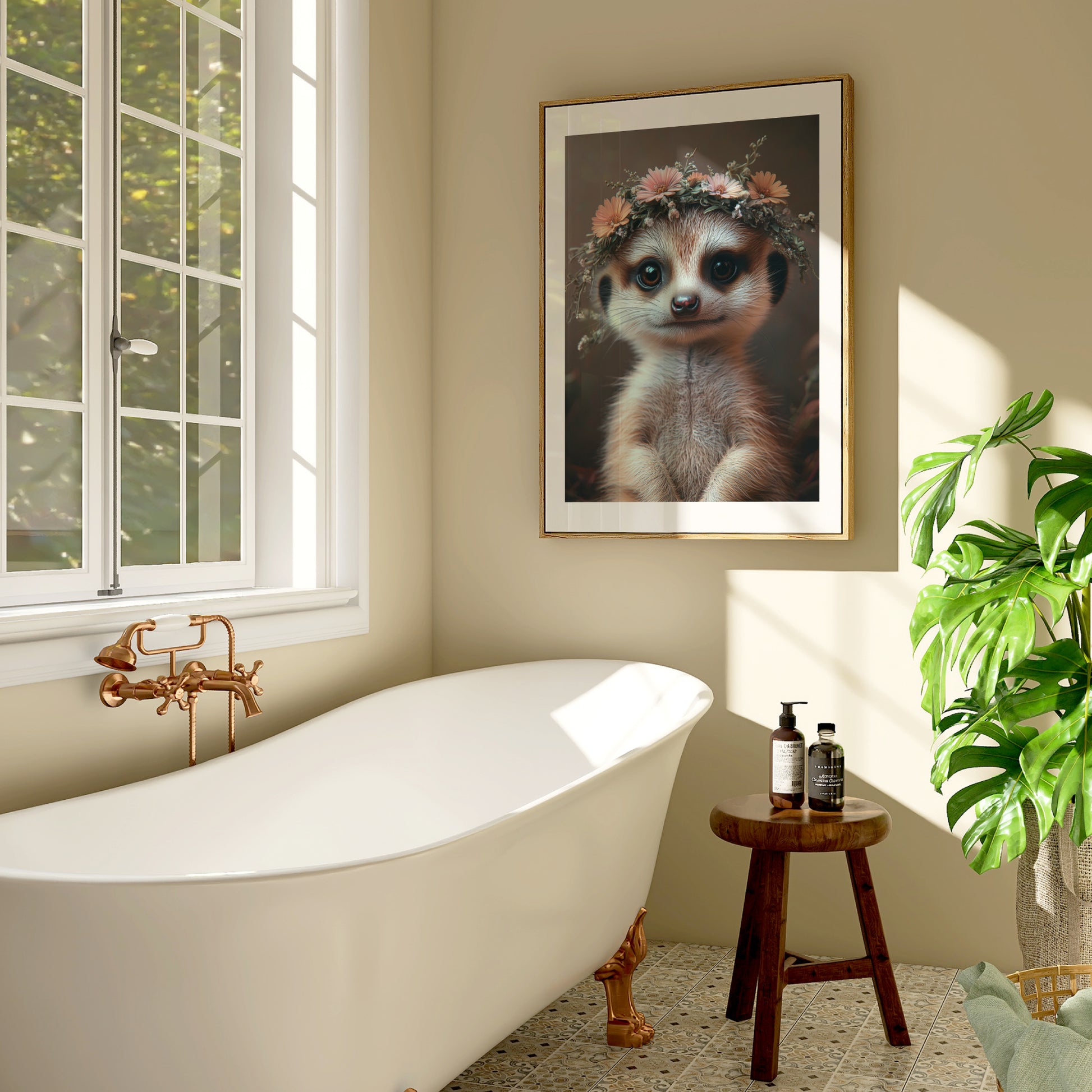 Adorable baby meerkat with flower crown – high-resolution digital art for safari-themed nursery, bathroom or kids’ room. This printable wall art is perfect for nature lovers, expecting moms or baby gift givers. Download includes multiple sizes and formats for easy framing at home. A sweet and charming Dezinbazar illustration that brings warmth and wildlife charm into any space.