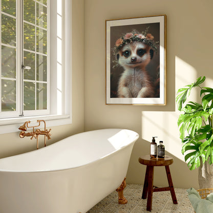 Adorable baby meerkat with flower crown – high-resolution digital art for safari-themed nursery, bathroom or kids’ room. This printable wall art is perfect for nature lovers, expecting moms or baby gift givers. Download includes multiple sizes and formats for easy framing at home. A sweet and charming Dezinbazar illustration that brings warmth and wildlife charm into any space.