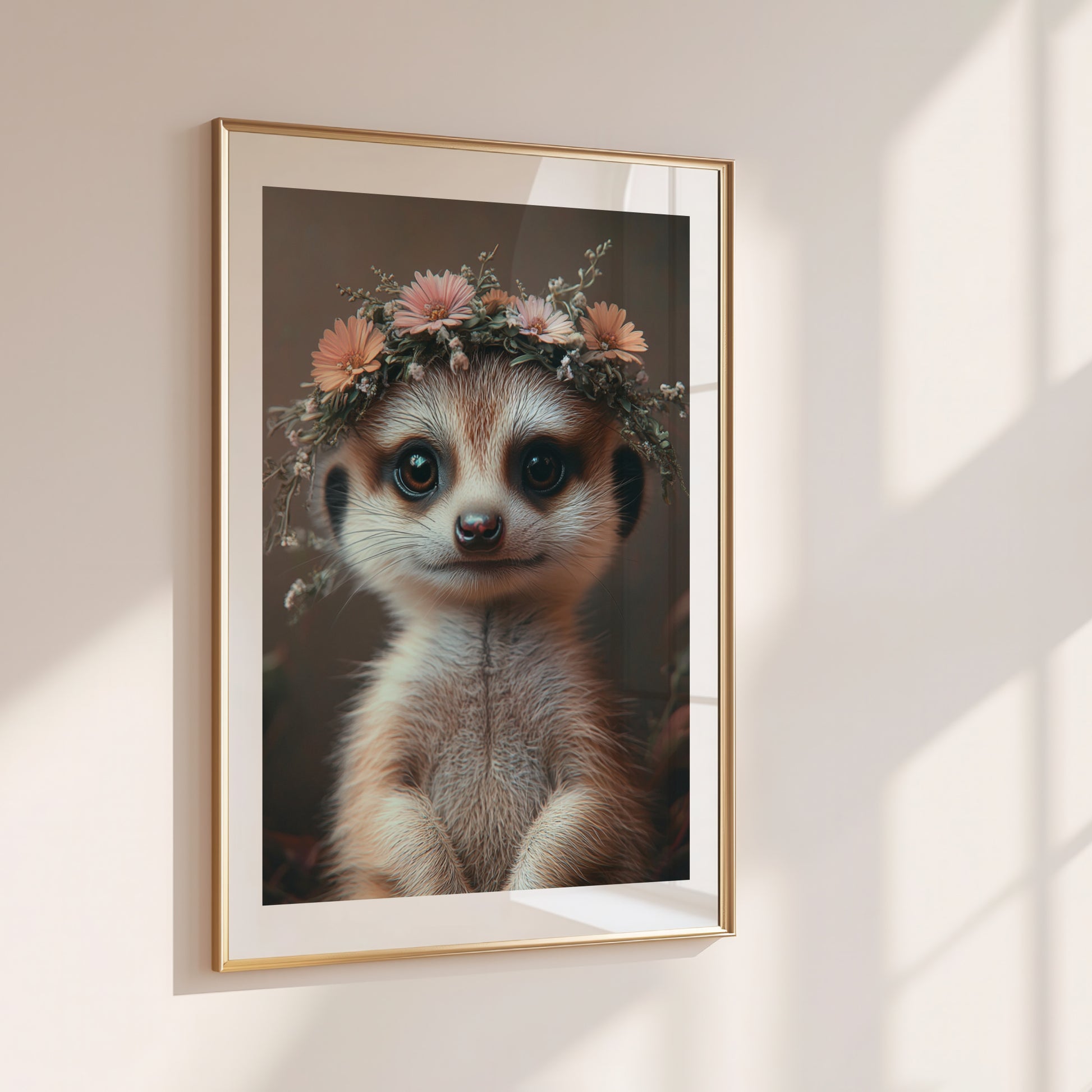 Adorable baby meerkat with flower crown – high-resolution digital art for safari-themed nursery, bathroom or kids’ room. This printable wall art is perfect for nature lovers, expecting moms or baby gift givers. Download includes multiple sizes and formats for easy framing at home. A sweet and charming Dezinbazar illustration that brings warmth and wildlife charm into any space.
