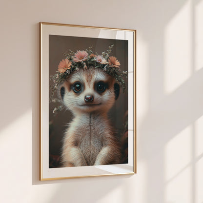 Adorable baby meerkat with flower crown – high-resolution digital art for safari-themed nursery, bathroom or kids’ room. This printable wall art is perfect for nature lovers, expecting moms or baby gift givers. Download includes multiple sizes and formats for easy framing at home. A sweet and charming Dezinbazar illustration that brings warmth and wildlife charm into any space.