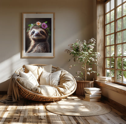 Adorable baby sloth with flower crown – digital wall art for jungle nursery, kids room or baby shower gift. Printable in high resolution, available instantly. A calming, sweet Dezinbazar original for woodland or tropical decor.