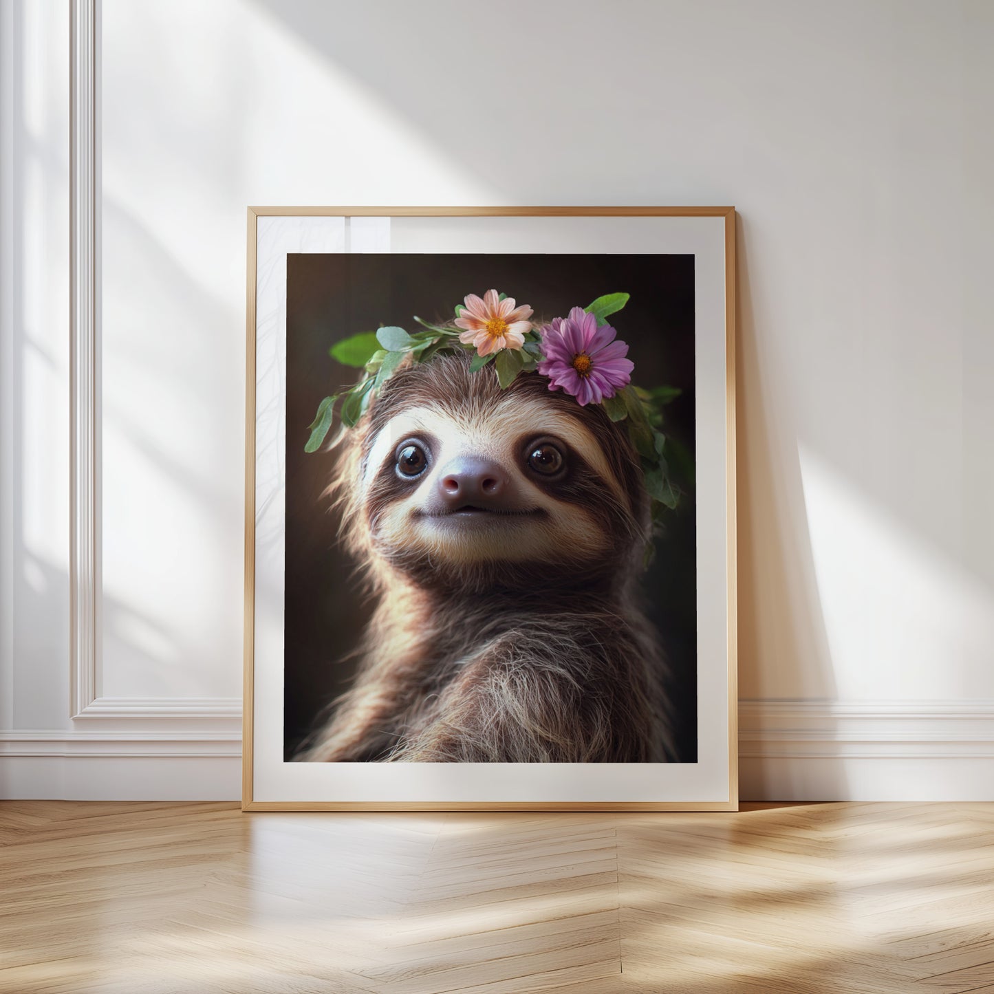 Adorable baby sloth with flower crown – digital wall art for jungle nursery, kids room or baby shower gift. Printable in high resolution, available instantly. A calming, sweet Dezinbazar original for woodland or tropical decor.