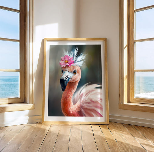 Tropical flamingo poster in soft pink tones, perfect for decorating bathrooms, beach houses, or nursery walls. This elegant bird wall art adds a fresh, summery vibe to your interior. Printed on premium semi-glossy FSC-certified paper in multiple sizes – from A4 to A0 or 50×70 cm – fits standard frames from IKEA. Ideal gift idea for flamingo lovers and coastal decor fans. Be proud. Be kind. Be wild – by Dezinbazar.