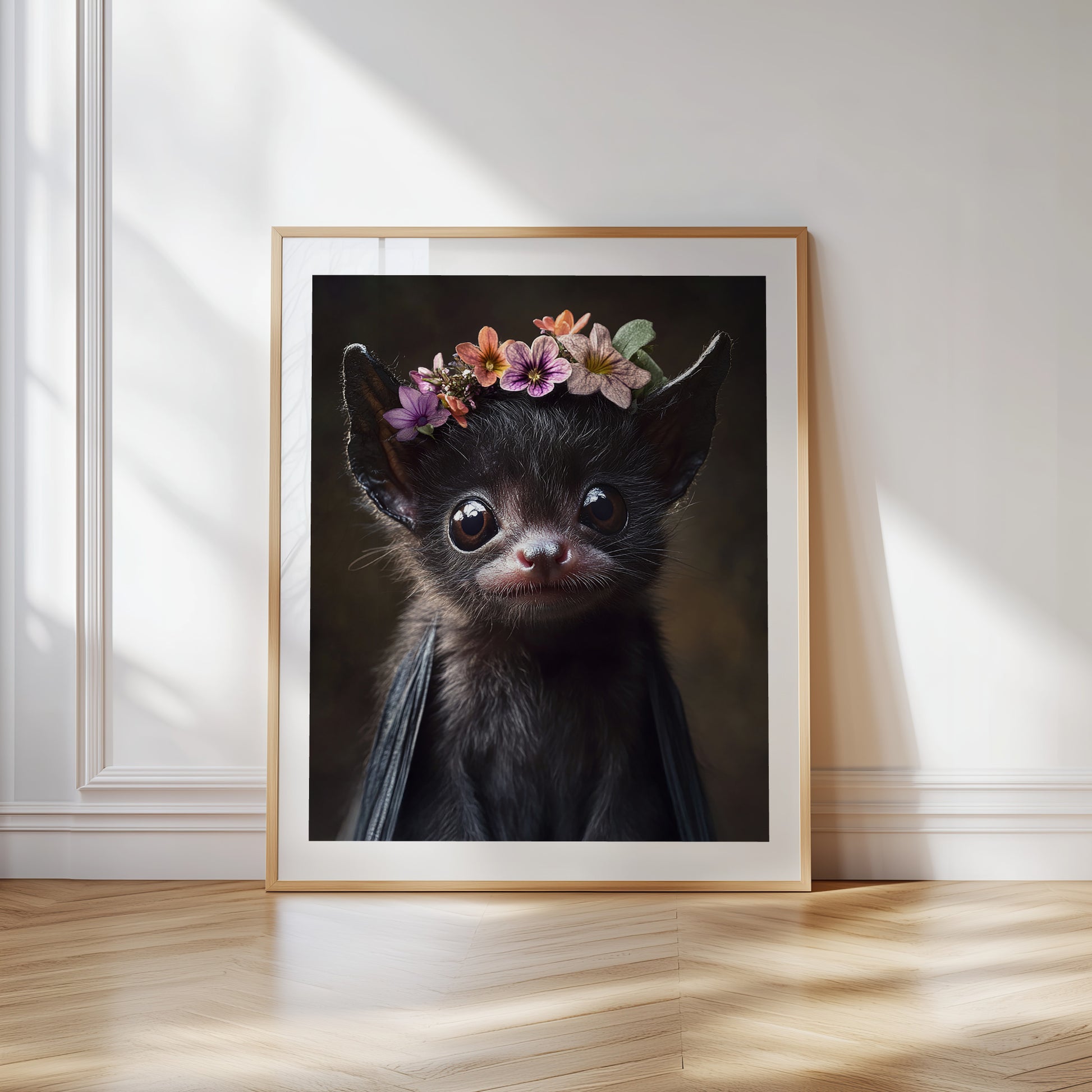 Fledermaus mit Blumen – Hochwertiges Poster für Kinderzimmer & kreative Wanddeko | Gedruckt & versendet
