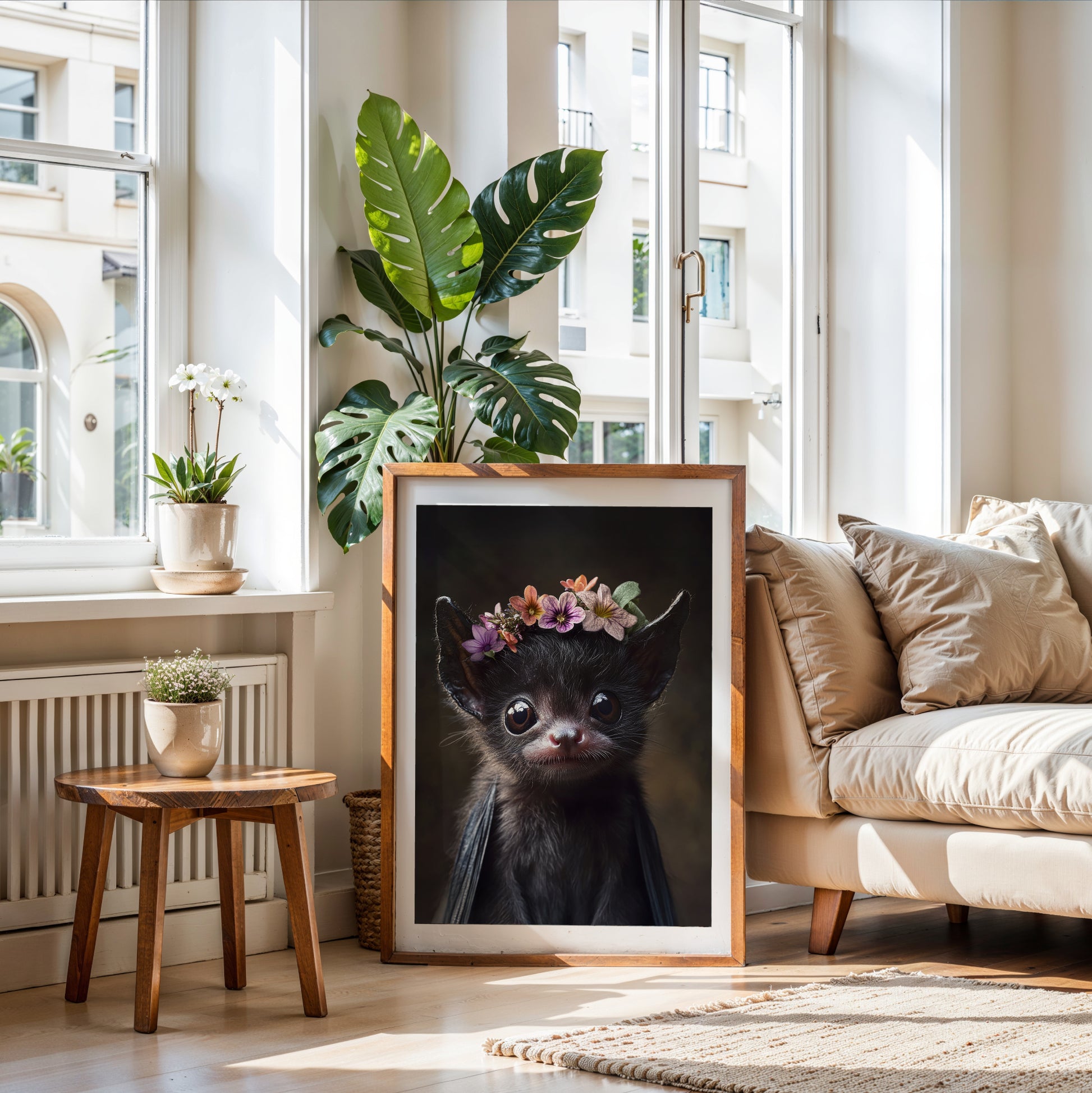 Fledermaus mit Blumen – Hochwertiges Poster für Kinderzimmer & kreative Wanddeko | Gedruckt & versendet