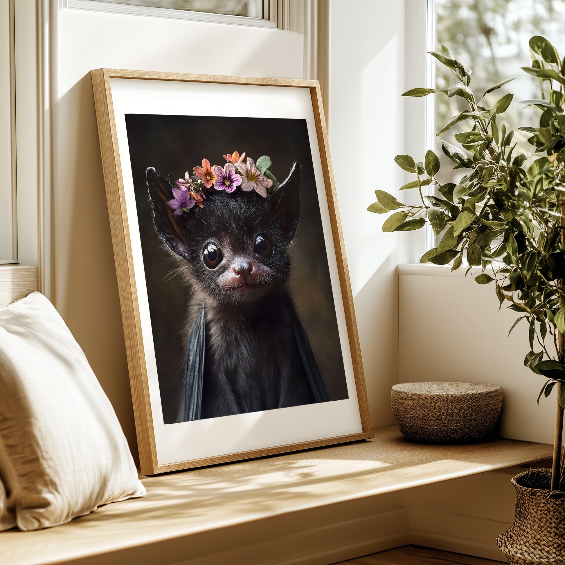 Fledermaus mit Blumen – Hochwertiges Poster für Kinderzimmer & kreative Wanddeko | Gedruckt & versendet