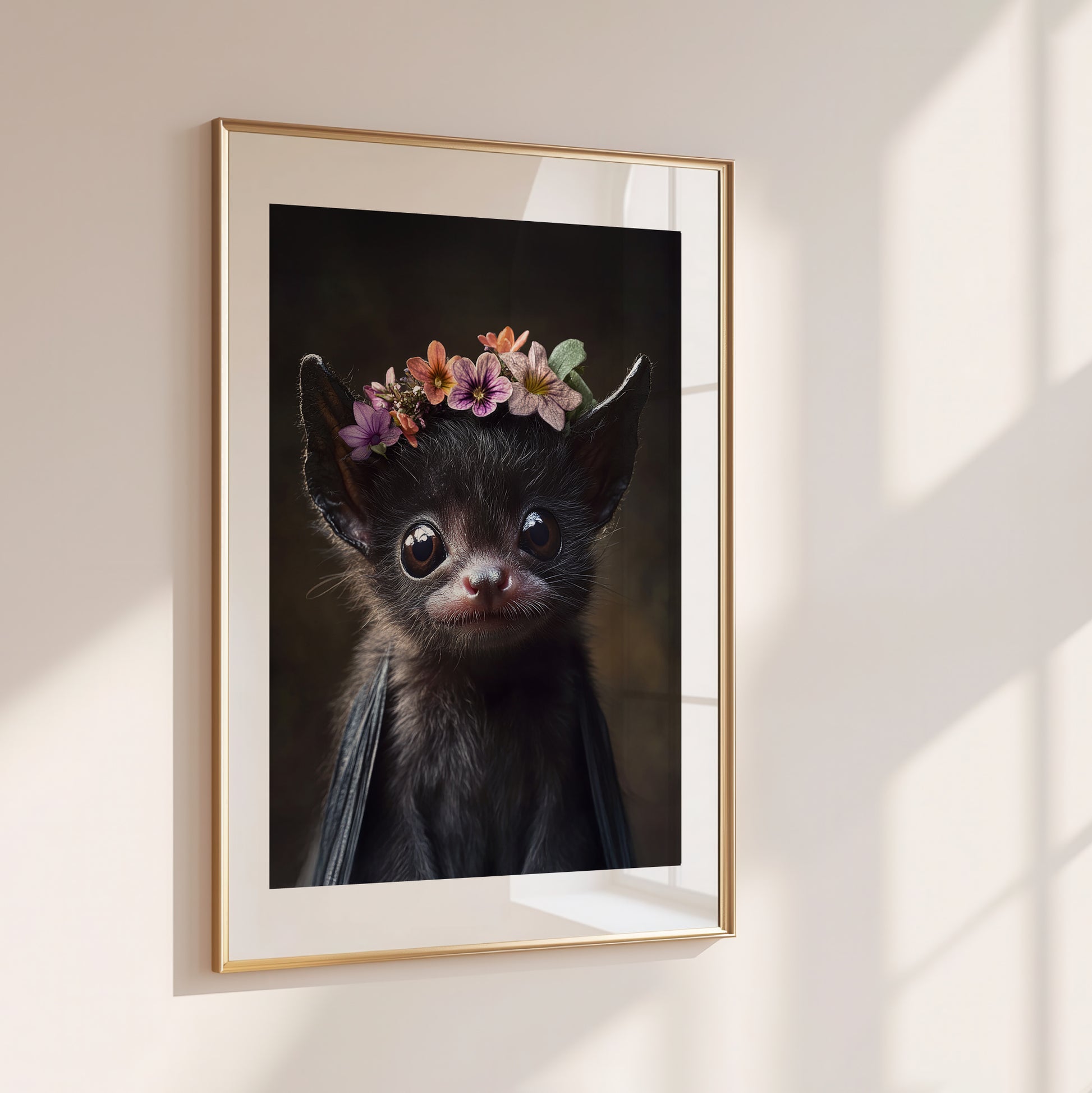Fledermaus mit Blumen – Hochwertiges Poster für Kinderzimmer & kreative Wanddeko | Gedruckt & versendet