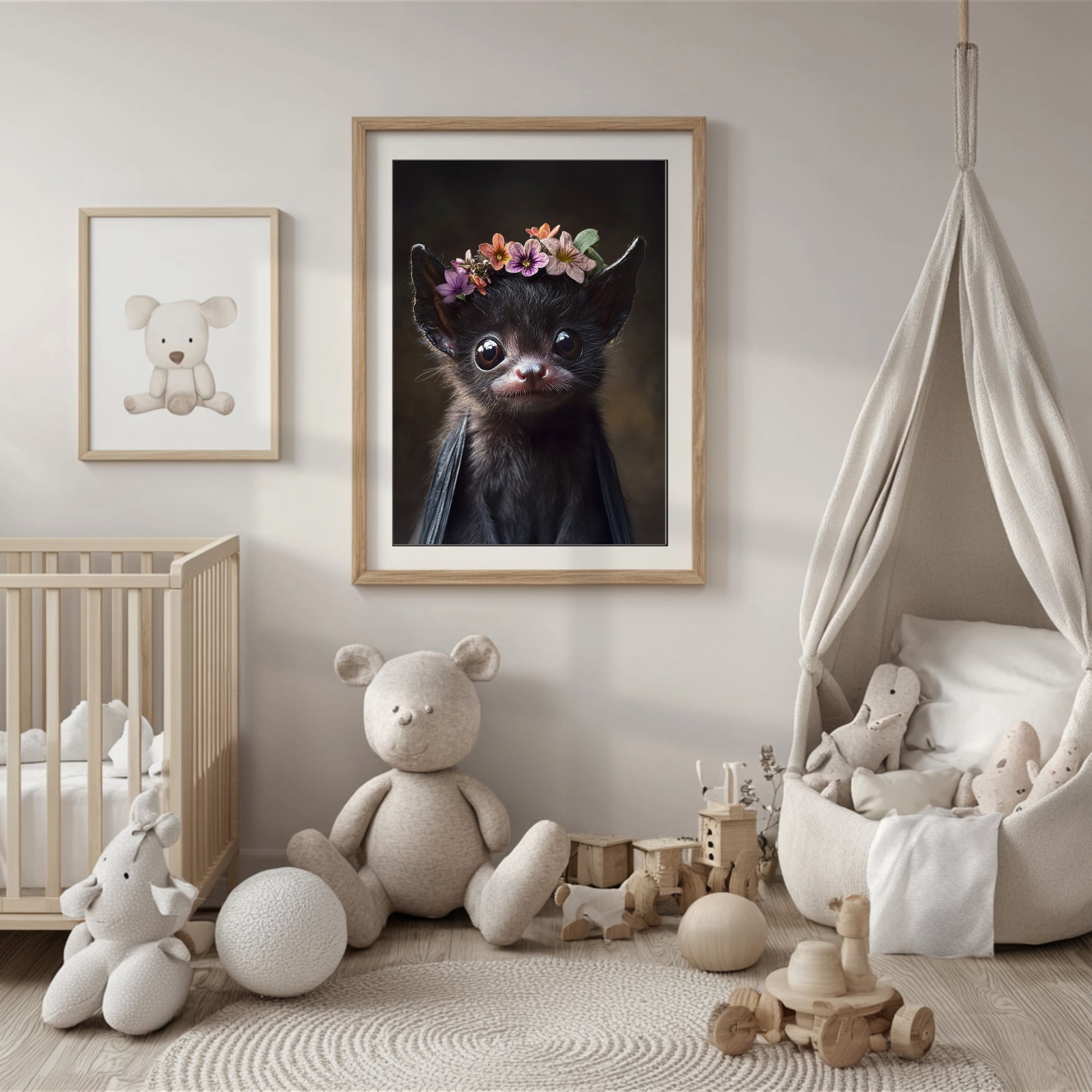 Fledermaus mit Blumen – Hochwertiges Poster für Kinderzimmer & kreative Wanddeko | Gedruckt & versendet