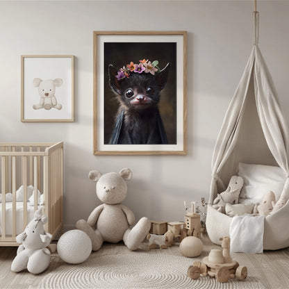 Fledermaus mit Blumen – Hochwertiges Poster für Kinderzimmer & kreative Wanddeko | Gedruckt & versendet