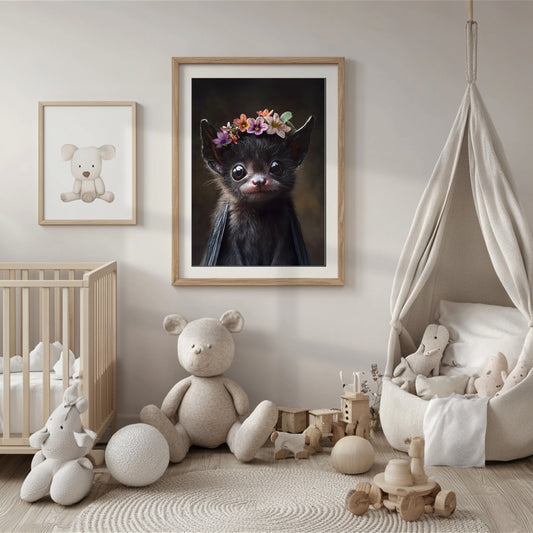 Fledermaus mit Blumen – Hochwertiges Poster für Kinderzimmer & kreative Wanddeko | Gedruckt & versendet