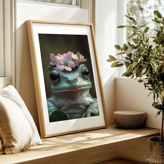 Adorable baby frog with flower crown – printable digital wall art for woodland-themed nursery, kids room or bathroom. A whimsical and charming nature-inspired print. Great as baby shower gift. High-resolution JPGs in multiple sizes. A Dezinbazar original.