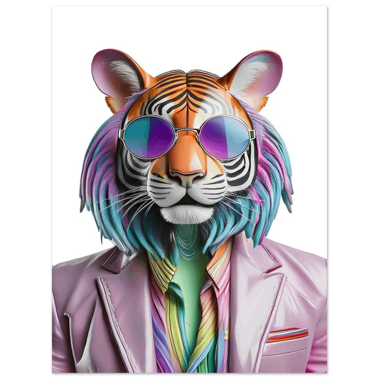 Funky tiger poster with rainbow pride shades, celebrating queer empowerment, bold activism, and eco-conscious decor. Printed on premium 200 gsm semi-glossy FSC-certified paper, available in multiple sizes (DIN A4–A0, 30×40 cm, 50×70 cm). Perfect for colorful living spaces, activist homes, or pride-themed interiors. An empowering and unique LGBTQ+ gift. Be proud. Be kind. Be wild – by Dezinbazar.